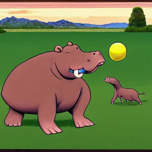 Prompt: anthromorphic hippos playing badminton by Ken Sugimori