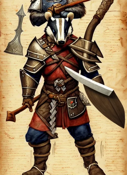 Image similar to a heroic badger paladin with great axe on a parchment background, redwall, greg rutowski and jean baptiste monge, detailed, epic fantasy concept art