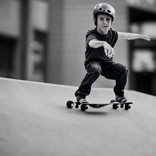 Prompt: midget tony hawk skateboarding over normal sized tony hawk, sharp focus, 4 k editorial photograph, soft lighting, shallow depth of field, people out of focus