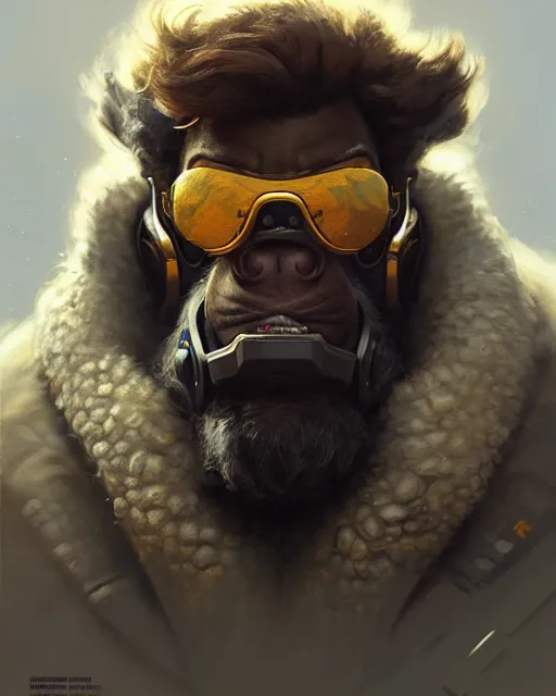 Image similar to winston from overwatch, character portrait, portrait, close up, concept art, intricate details, highly detailed by greg rutkowski, michael whelan and gustave dore