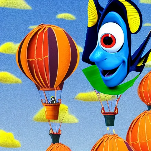 Image similar to render of dory and nemo riding a hot air balloon in the rain, detailed, colorful, symmetry