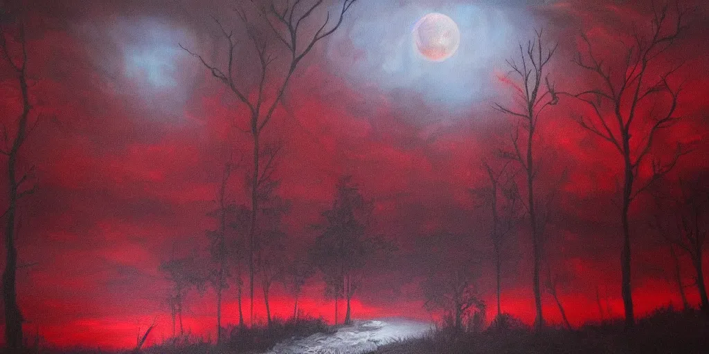 Image similar to a beautiful oil painting of a dark forest under the blood moon, thunderstorm in the sky red lighting gloomy atmospheric