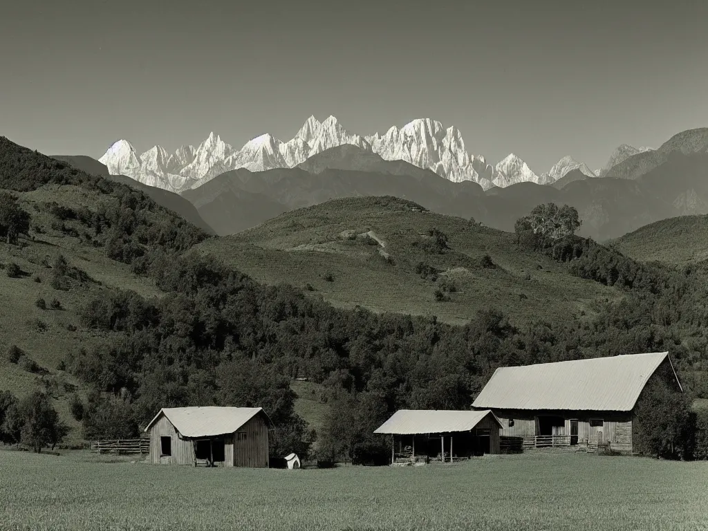 Image similar to photo of a small farm house in a valley with meadows and mountains in the background, photograph by Ansel Adams, at dusk