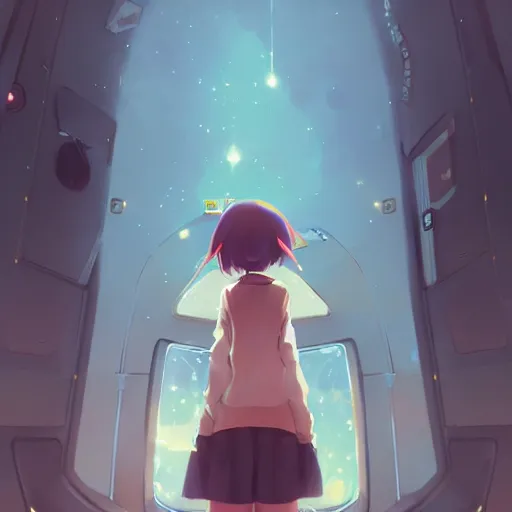 Prompt: anime girl astronaut looking at the universe, by wenjun lin, krenzcushart, loundraw, makoto shinkai