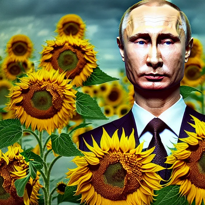 Image similar to photo portrait of Putin - sunflowers - dressed in leisure shirt with ornamental ethereal sunflower pattern, natural skin tone, raging war and explosions in the background, face is highly detailed, elegant, Realistic, Refined, Highly Detailed, natural soft pastel lighting colors scheme, fine art photography by Cecil Beaton, volumetric lighting, hyper realistic photography