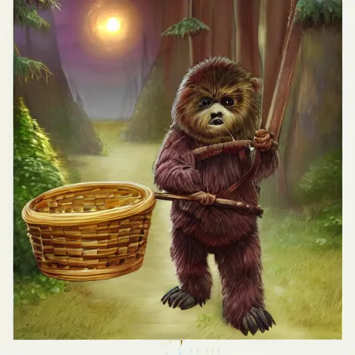 Image similar to adventurous ewok shopping in the forest market at night with a basket that contains acorns, berries, and leaves, artstation, colorful