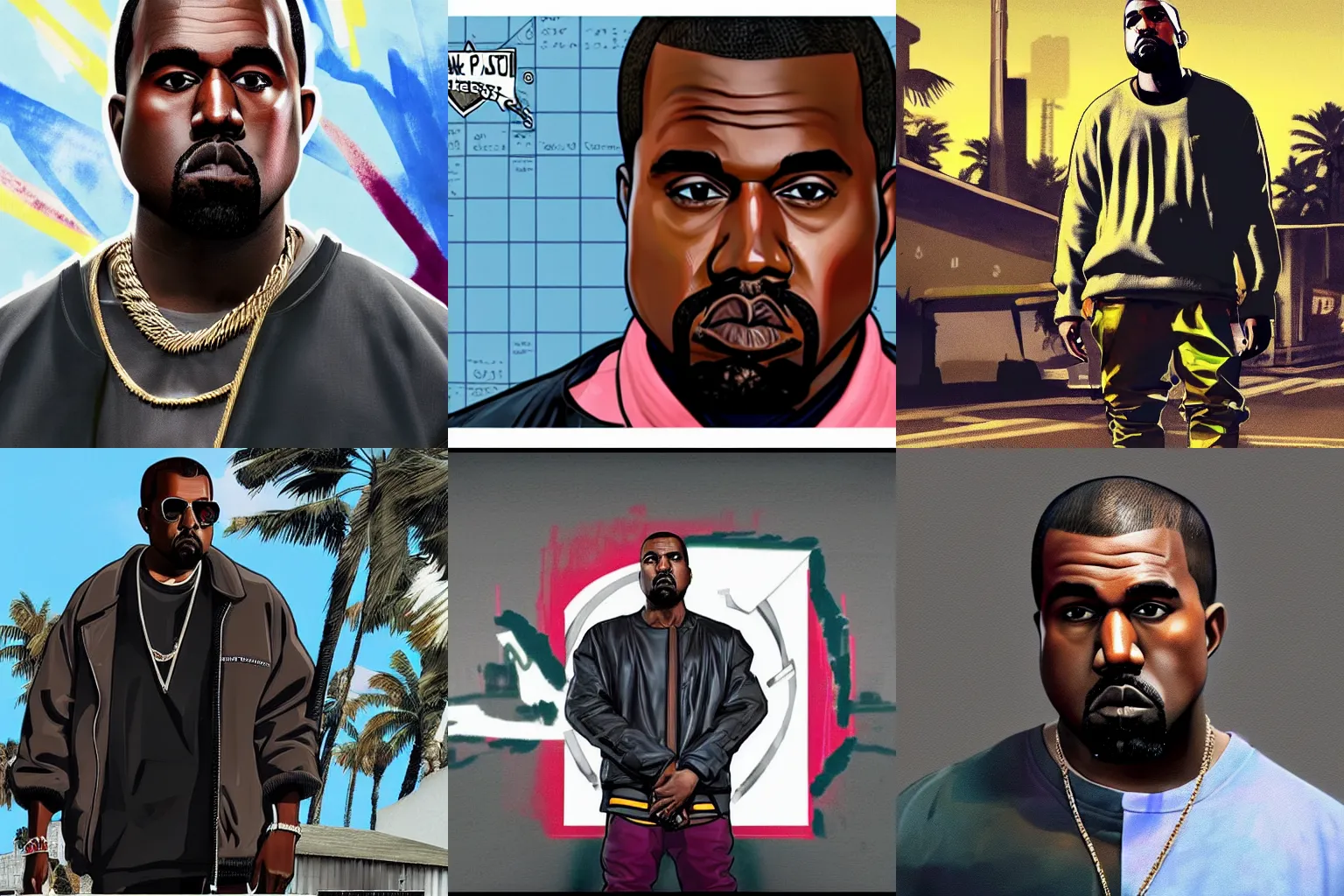 Prompt: Kanye West in a GTA 5 loading screen, concept art by Anthony McBain