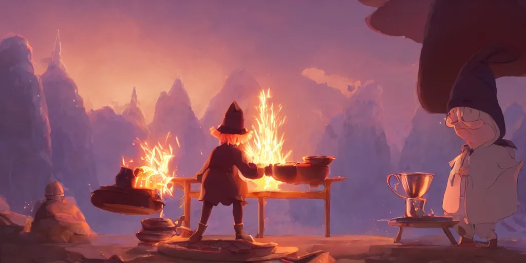 Prompt: a wholesome animation key shot of wizard with a hat coocking the magical brew that emmits sparklings in pot at fireplace, medium shot, waist up, studio ghibli, pixar and disney animation, sharp, rendered in unreal engine 5, anime key art by greg rutkowski, bloom, dramatic lighting