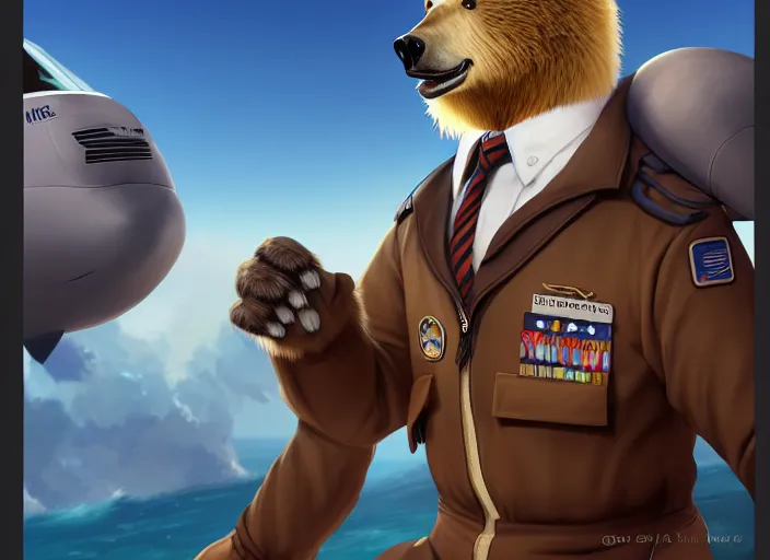 Image similar to character portrait feature of the anthro male anthropomorphic kamchatka brown bear fursona wearing airline pilot outfit uniform professional pilot for the us air force character design stylized by charlie bowater, ross tran, artgerm, and makoto shinkai, detailed, soft lighting, rendered in octane, maldives in background