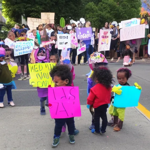 Image similar to babies protesting in front of a daycare center