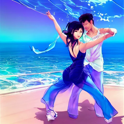 Image similar to semi realistic portrait Salsa Dancing inside clear blue ocean water in blade and soul spinoff by Hyung-tae Kim and by Artgerm Lau , color overlay, rim light and highlights , Gesture draw, Salsa Social Dance, couple, Salsa tricks, WLOP, Hyung-tae Kim, Rossdraws, Gesture draw, James Jean, Andrei Riabovitchev, Marc Simonetti, and Sakimichan, trending on artstation