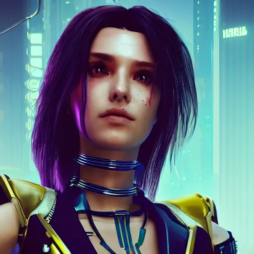 Image similar to female V from Cyberpunk 2077 wearing spiked choker, collar, choker, punk, collar, 4K, realistic, futuristic, spiked collar, artstation, wallpaper,