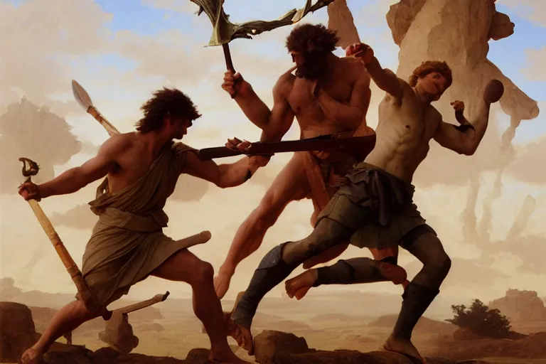 Image similar to ancient historically accurate depiction of the Bible duel bettween the shepherd boy david and Goliath of Gath, the Philistine warrior giant, by frank miller, illustration by Ruan Jia and Mandy Jurgens and William-Adolphe Bouguereau, Artgerm, 4k, digital art, surreal, space dandy style, highly detailed, godsend, artstation, digital painting, concept art, smooth, sharp focus, illustration by Ruan Jia and Mandy Jurgens and William-Adolphe Bouguereau, Artgerm