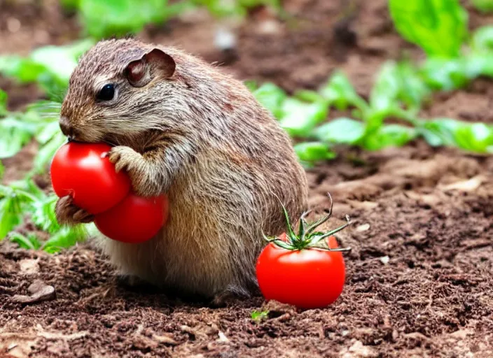 Prompt: gopher eating a tomato