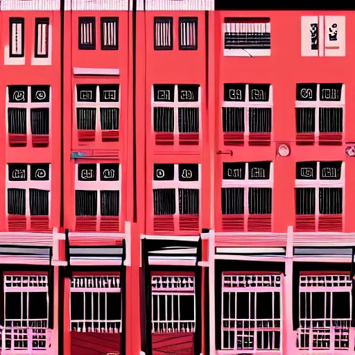 Image similar to a row of shophouses in singapore, art by laurie greasley