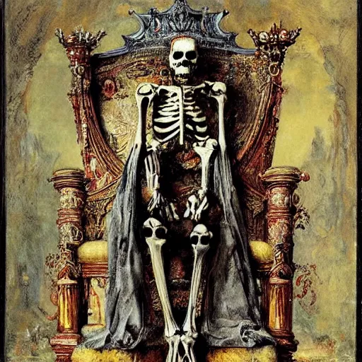 Prompt: a skeleton king, sitting on a throne, elegant, painted by Gustave Moreau