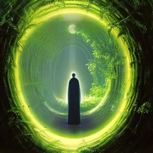 Image similar to portal in a middle of a lush futuristic forest, alien world seen through a portal, person in a cloak standing in front of a portal, syd mead, john harris