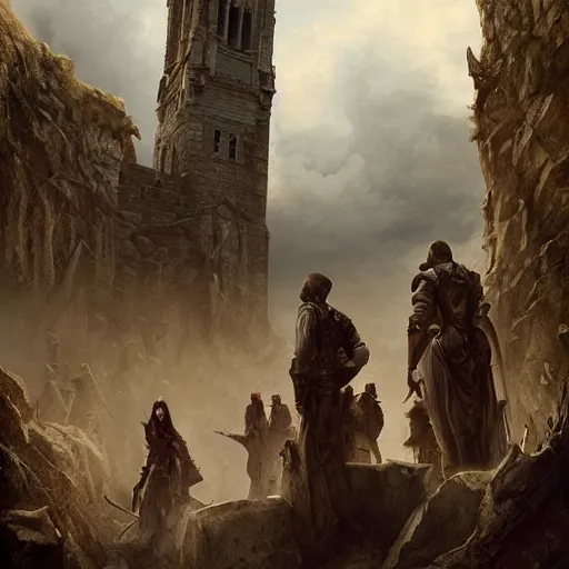 Image similar to epic masterpiece of cinematographic hyperrealism where a group of archeologists appears in front of a large demonic tower. realistic shaded lighting poster by craig mallismo, artgerm, jeremy lipkin and michael garmash, unreal engine, detailed and intricate environment, digital art, art station trends, horror, night, dark and stormy, matte