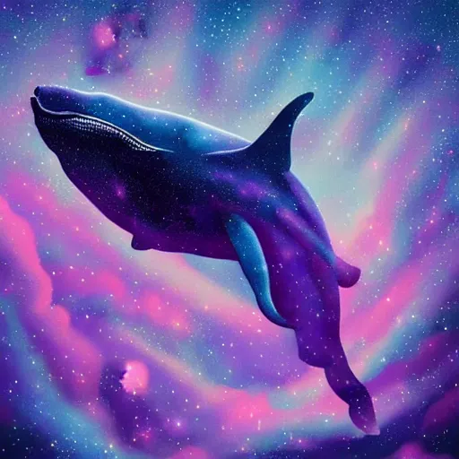 Image similar to portrait of whale swimming on a dark night sky, swimming across the universe, nebulae, purple and blue, galaxies, oniric, dreamy, beautiful, highly detailed, cinematic, dynamic composition, trending on artstation