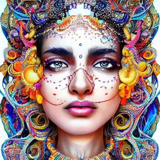 Image similar to the face of a ridiculously beautiful and sophisticated indian woman partially made of onion rings of all colors looking down, an ultrafine detailed illustration by james jean, final fantasy, intricate linework, bright colors, behance contest winner, vanitas, angular, altermodern, unreal engine 5 highly rendered, global illumination, radiant light, detailed and intricate environment