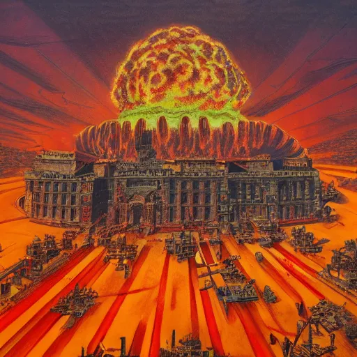 Image similar to nuclear bomb exploding in the center of a city, detailed 1 9 2 0 ’ s colored pencil, highly detailed, highly accurate, deep aesthetic, 8 k, highly ornate intricate details, cinematic lighting, rich colors, ray tracing, hyperrealistic, photorealistic, cinematic landscape, trending on artstation,