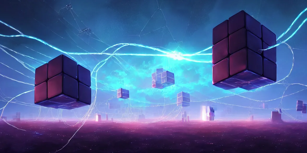 Prompt: a fleet of giant glowing futuristic cubes tied to each other with lots of wires in the sky, thick messy glowing wires, light rays bouncing between cubes, a fantasy magical landscape seen in the distance, atmospheric lighting, intricate, volumetric lighting, beautiful, sharp focus, ultra detailed, in the art style of marc simonetti, bowater charlie and brom gerald, astrophotography