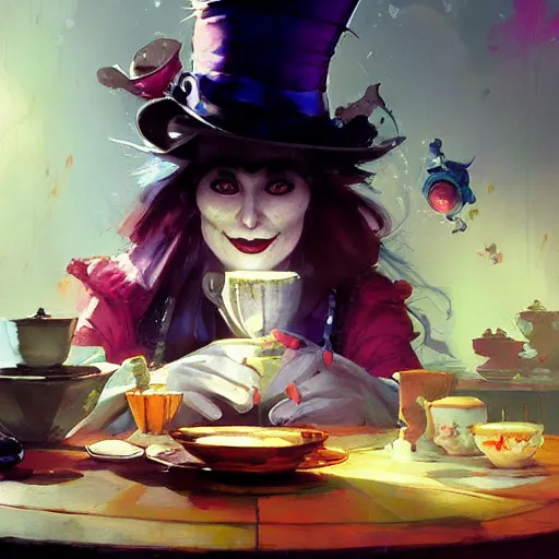 Image similar to female mad hatter sitting at tea table, by Jordan Grimmer and greg rutkowski, crisp lines and color,