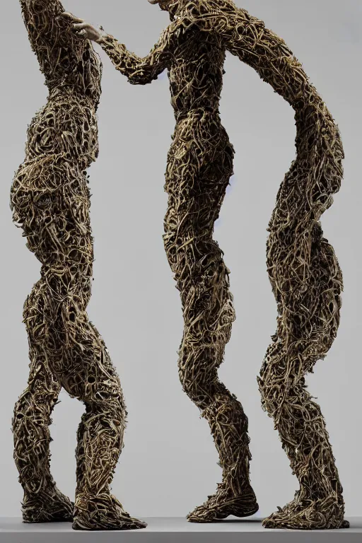 Image similar to human biomorphic mutated geometric biological structure made of skin and hair standing on two legs dancing a plinth, overweight, obese, distorted, highly detailed, hyper - realist sculpture