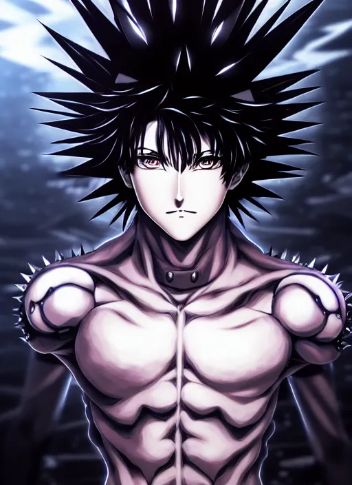 Image similar to a detailed manga full body portrait illustration of a dark spiky haired cyborg anime man surrounded by dark steam by hirohiko araki, detailed artwork, realism, 4 k resolution, detailed, high quality, sharp focus, hq artwork, insane detail, volumetric lighting, character concept art, fine details, clear subject, central subject