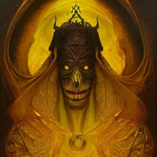 Prompt: the king in yellow, fantasy, d & d, intricate, high detail, 4 k, dark colors, oil on board, smooth, sharp, by brom, greg ruthowski