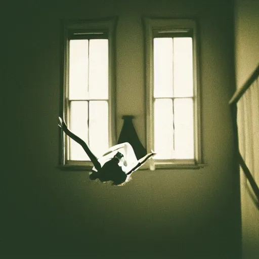 Image similar to a woman floating suspended above the floor in the room of an old house, 3 5 mm, sunlight