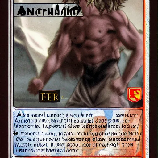 Image similar to official hunter x hunter card with picture of a thin white skinned armenian with a big jaw and a hairy chest