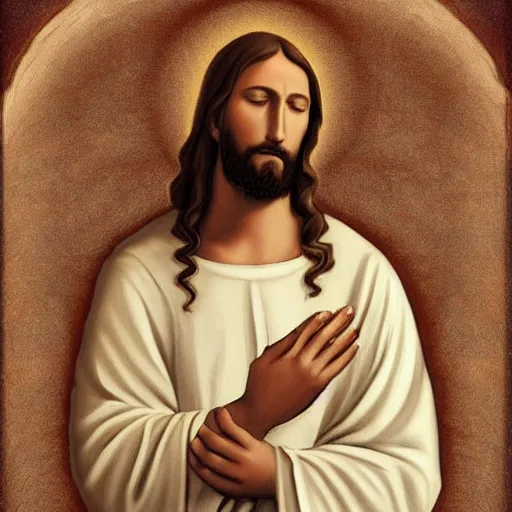 Image similar to jesus holding his right hand in his face, digital art