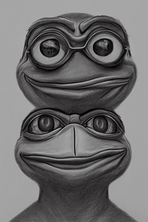 Image similar to portrait drawing of pepe the frog, ultra detailed highly realistic, trending on artstation, rule of thirds, extreme high detail, soft lighting, rim light, volumetric lighting and effects,