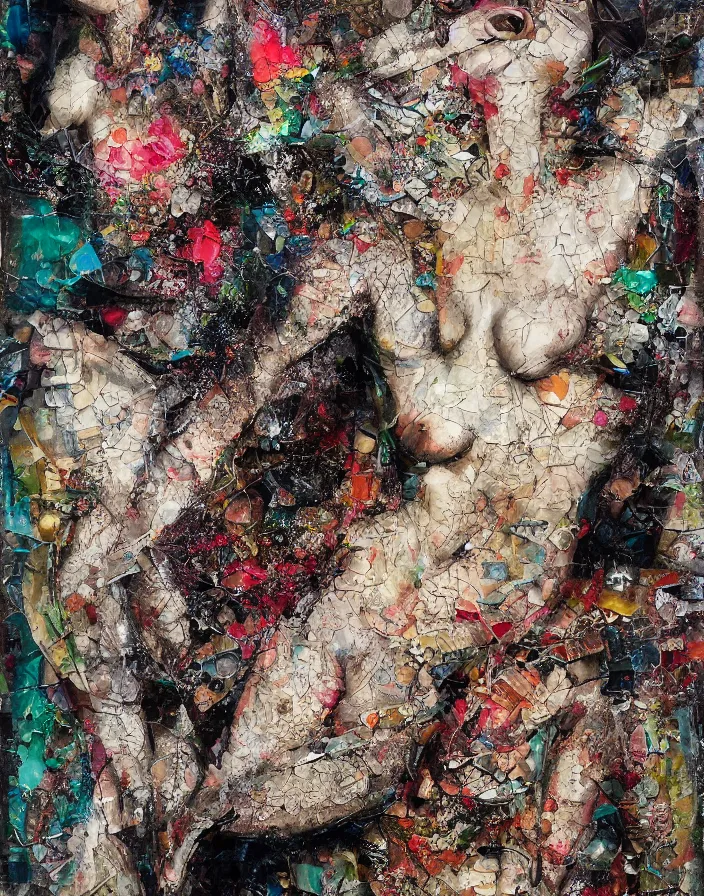 Prompt: orgasm of sensual bodies, detailed mixed media collage with canvas texture in style of contemporary art, punk art, realism, realistic photo, expressionism, masterpiece, spectacular quality, intricate oil details, broken glass photo, torn paper intricate texture, large cracks, liquid glue spots, tender and balanced vivid palette