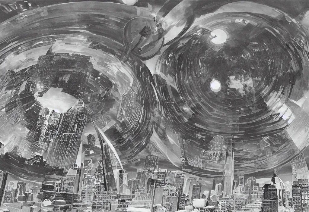 Prompt: New New York in Mars under a giant glass dome, high contrast, Ludek Pesek, Rick Guidice, Chesley Bonestell, Lucien Rudaux, Rolf Klep, Fred Freeman, George Pal