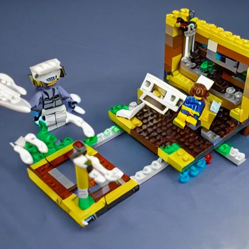 Image similar to a lego set about the first interaction between humans and aliens