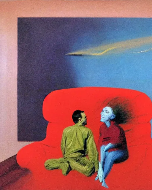 Image similar to early color photo of a very couple sitting on a couch in an old soviet apartment and looking at the scared enlightened boy flying up in sky,, Beksinski painting, painting by Gerhard Richter. Francis Bacon masterpiece, 2007 93 666. thick flowing expressive impasto acrylic painting