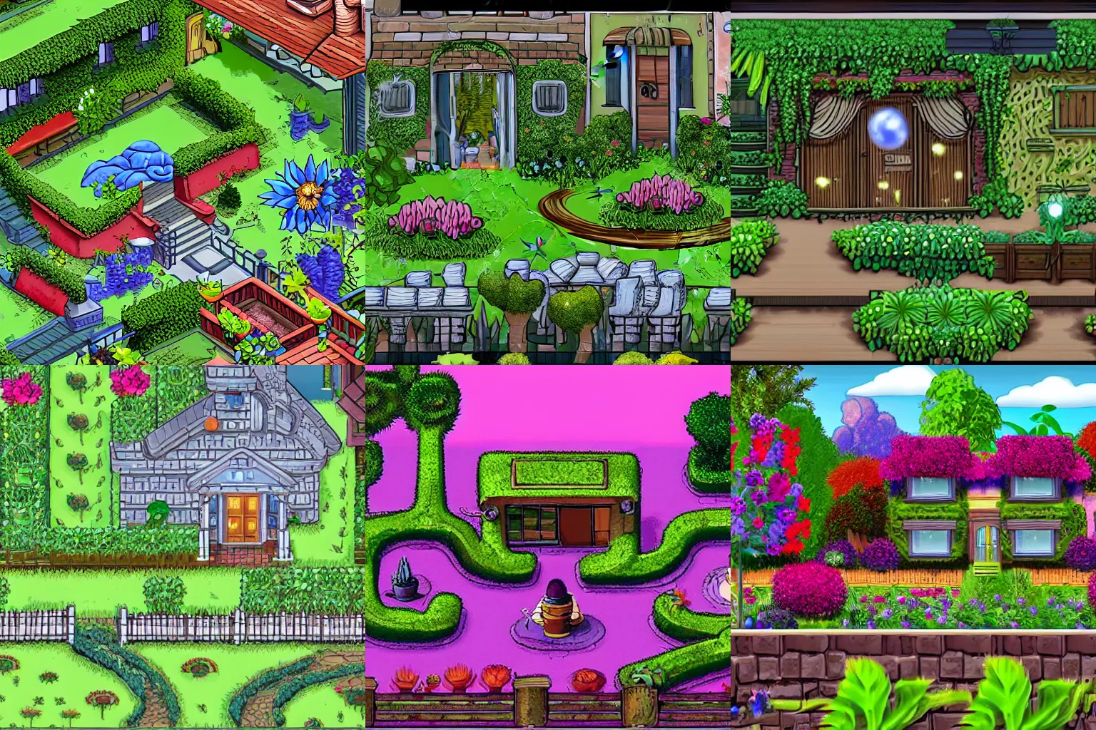 Prompt: a house with a garden in front of it, the garden is full of alien flowers and plants, from a space themed Serria point and click 2D graphic adventure game, high quality graphics