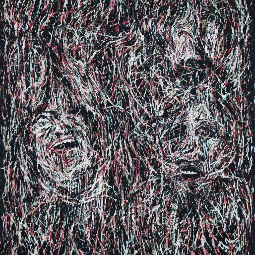 Image similar to camo made of teeth, smiling, abstract, francis bacon artwork, cryptic, dots, spots, stipple, lines, splotch, color tearing, pitch bending, faceless people, dark, ominious, eerie, hearts, minimal, points, technical, old painting, neon colors