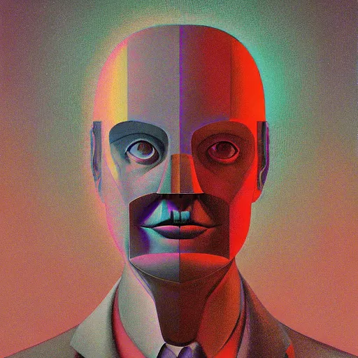 Prompt: portrait of abstract visual artificial intelligence face chromatic suit by Petros Afshar and Beeple, Edward Hopper and James Gilleard, Zdzislaw Beksinski, Mark Ryden, Wolfgang Lettl highly detailed