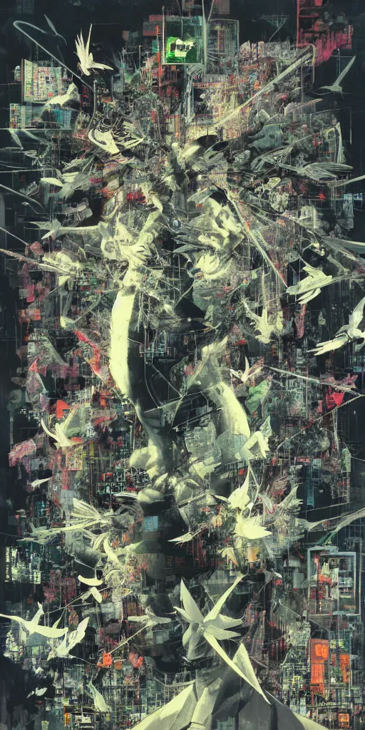 Image similar to a daydreaming hacker under progressive rasterization is surrounded by digital birds, neon virtual networks, and information visualization, oil on canvas by dave mckean and yoji shinkawa