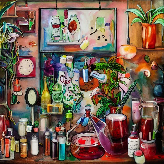 Prompt: sensual, a female art student in her laboratory, squid, berry juice drips, pancakes, silk, juice, honey, a painting of bacon, berries, houseplants in scientific glassware, art supplies, white candles, neo - expressionism, surrealism, acrylic and spray paint and oilstick on canvas