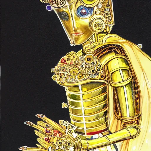 Image similar to a Royal portrait of gold android woman as illustrated by Yoshitaka Amano. 1991. Watercolor and Acrylic on Paper