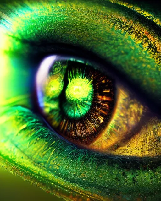 Image similar to hyper realistic photo of beautiful green eye reflecting a sky full of a billion stars, hyper realistic, fractal art, art station, coherent design, symmetrical, vivid colour, complementary colour, golden ratio, detailed, sharp lines, intricate, rainbow shift, in unreal 3 d engine, ray tracing, octane render