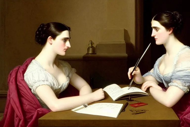 Prompt: 1 8 1 0 s katie mcgrath writing at her desk by vittorio reggianini, bright lighting, perfectly detailed eyes, beautiful hands, pale skin, clear face