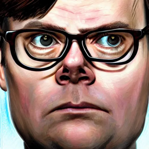 Prompt: close-up of Dwight Schrute in The Office (2005), highly detailed, sharp focus, digital painting, artwork by Victor Adame Minguez + Yuumei + Tom Lovell + Sandro Botticelli