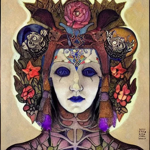 Image similar to the bone crown coronation, by Annie Swynnerton and Nicholas Roerich and (((Diego Rivera))) and (((Edmund Dulac))), bioluminescent skin, floral tattoos, elaborate costume, geometric ornament, symbolist, rich colors, dramatic lighting, smooth, sharp focus, extremely detailed