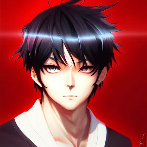 Image similar to anime portrait of a slick black hair guy with red eyes by stanley artgerm lau, wlop, rossdraws, james jean, andrei riabovitchev, marc simonetti, and sakimichan, trending on artstation