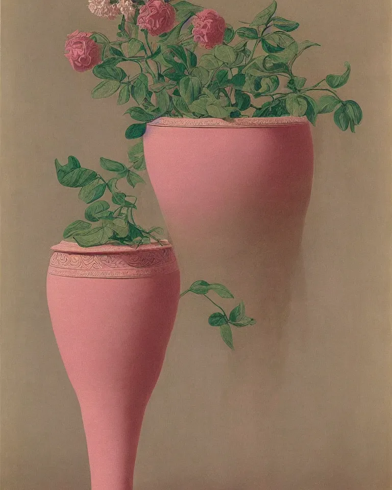 Image similar to achingly beautiful print of intricately painted ancient greek amphora on a pink background by rene magritte, monet, and turner.